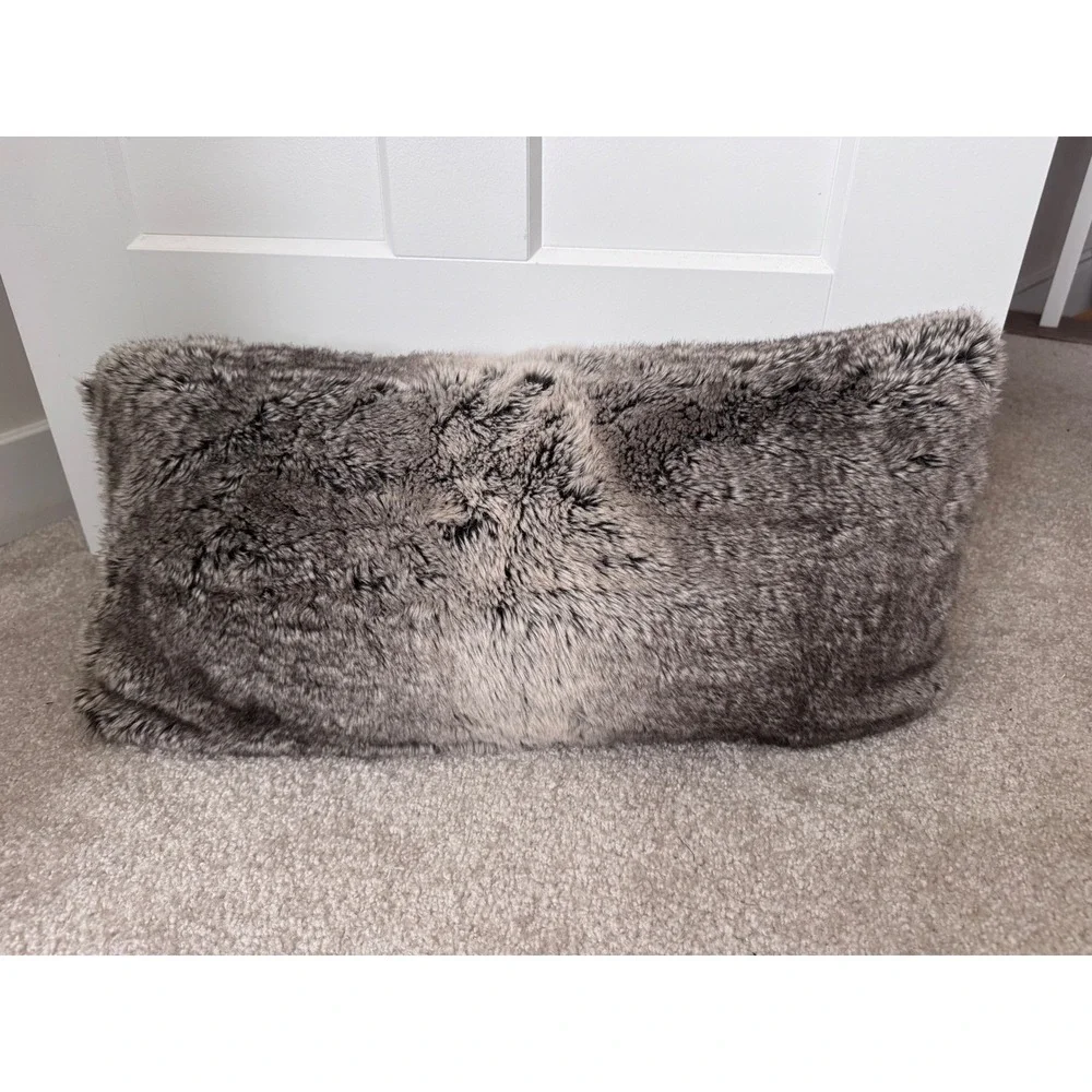 Pottery Barn Faux Fur Lumbar throw bedroom Pillow Cover Gray Brown 12x24